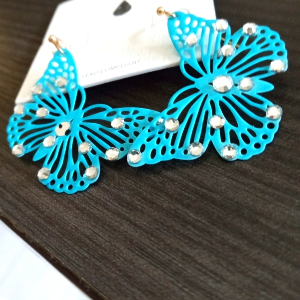 New With Tags Turquoise Butterfly Earrings With White Topaz Stones"